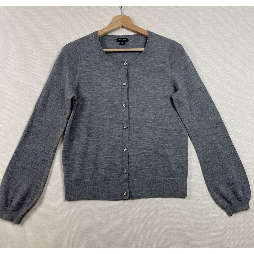 Ann Taylor Sweater Womens M Gray Button Up Lightweight Cardigan Wool Blend